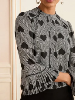 Blouses En Overhemden*Love & Roses - Crew Neck Pleated Flute Sleeve Blouse Grijs met hartjesprint