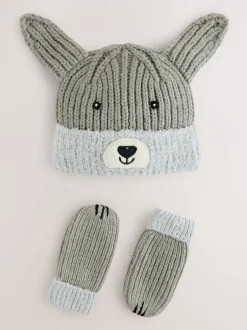 Mutsen, Handschoenen En Sjaals|Next - Hat & Mittens 2 Piece Set (3mths-6yrs) Grijs met hond
