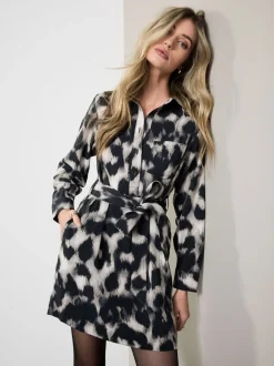 Jurken|Next - Mini Long Sleeve Tie Waist Shirt Dress Grijs met luipaardprint