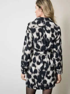 Jurken|Next - Mini Long Sleeve Tie Waist Shirt Dress Grijs met luipaardprint