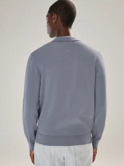 Gebreide Kleding|Poloshirts|Next Grijsblauw - Normale Pasvorm - Katoenrijk gebreid poloshirt met lange mouwen