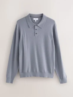 Gebreide Kleding|Poloshirts|Next Grijsblauw - Normale Pasvorm - Katoenrijk gebreid poloshirt met lange mouwen