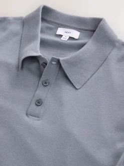 Gebreide Kleding|Poloshirts|Next Grijsblauw - Normale Pasvorm - Katoenrijk gebreid poloshirt met lange mouwen