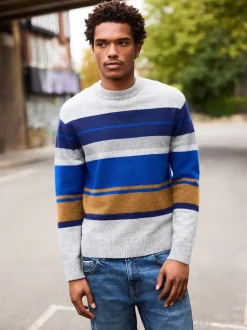 Gebreide Kleding*Next - Regular Fit Cosy Stripe Crew Jumper with Wool Grijs/blauw