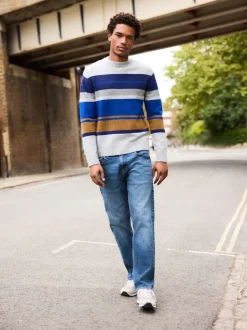 Gebreide Kleding*Next - Regular Fit Cosy Stripe Crew Jumper with Wool Grijs/blauw