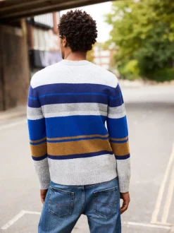 Gebreide Kleding*Next - Regular Fit Cosy Stripe Crew Jumper with Wool Grijs/blauw