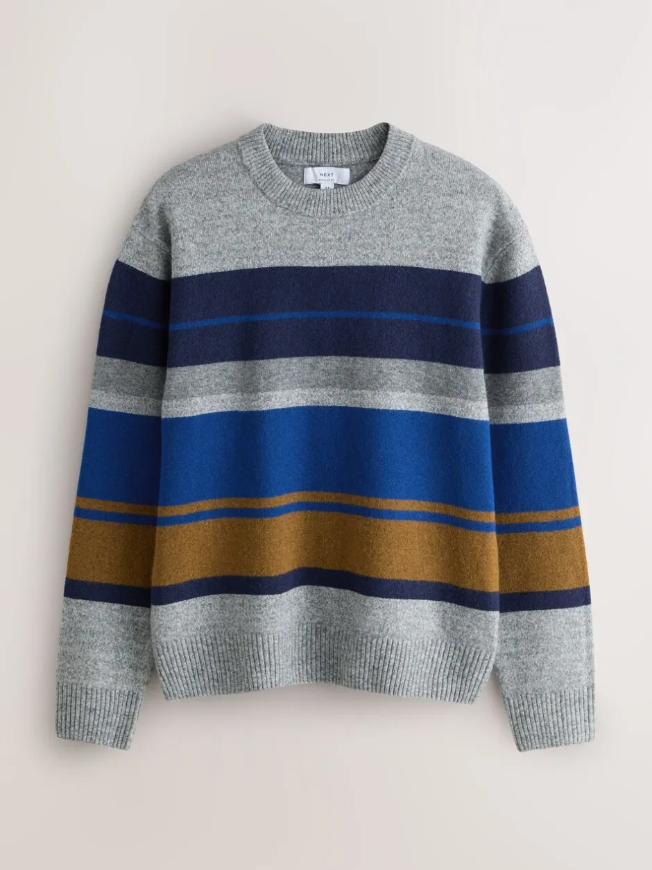 Gebreide Kleding*Next - Regular Fit Cosy Stripe Crew Jumper with Wool Grijs/blauw