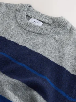 Gebreide Kleding*Next - Regular Fit Cosy Stripe Crew Jumper with Wool Grijs/blauw