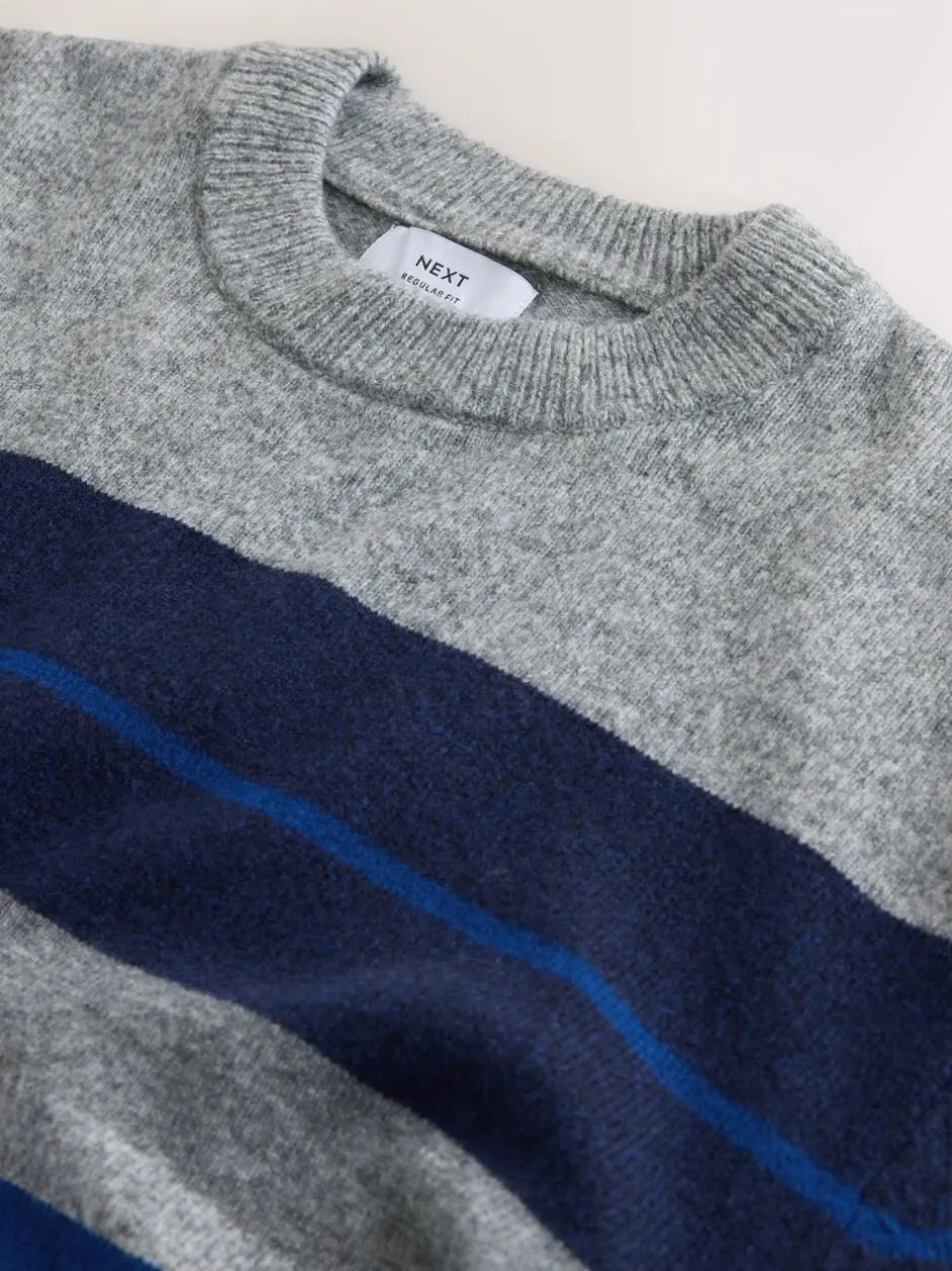 Gebreide Kleding*Next - Regular Fit Cosy Stripe Crew Jumper with Wool Grijs/blauw