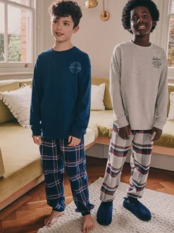 Pyjama's|Nachtkleding En Pyjama's*Next Grijs/blauw - Set van 2 geweven geruite pyjama's met lange mouwen (3-16jr)