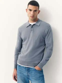 Poloshirts*Next - Slim Fit - Katoenrijk gebreid poloshirt met lange mouwen Grijsblauw