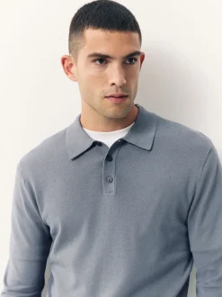 Poloshirts*Next - Slim Fit - Katoenrijk gebreid poloshirt met lange mouwen Grijsblauw