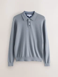 Poloshirts*Next - Slim Fit - Katoenrijk gebreid poloshirt met lange mouwen Grijsblauw