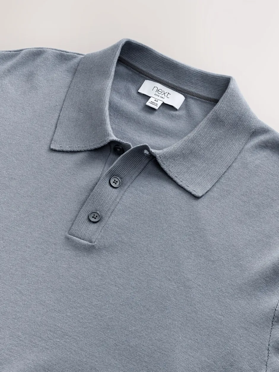 Poloshirts*Next - Slim Fit - Katoenrijk gebreid poloshirt met lange mouwen Grijsblauw
