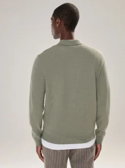 Gebreide Kleding|Poloshirts*Next - Effen - Regular Fit Essential Long Sleeve Knitted Polo Shirt Grijs-groen
