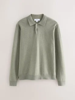 Gebreide Kleding|Poloshirts*Next - Effen - Regular Fit Essential Long Sleeve Knitted Polo Shirt Grijs-groen