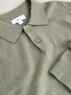 Gebreide Kleding|Poloshirts*Next - Effen - Regular Fit Essential Long Sleeve Knitted Polo Shirt Grijs-groen