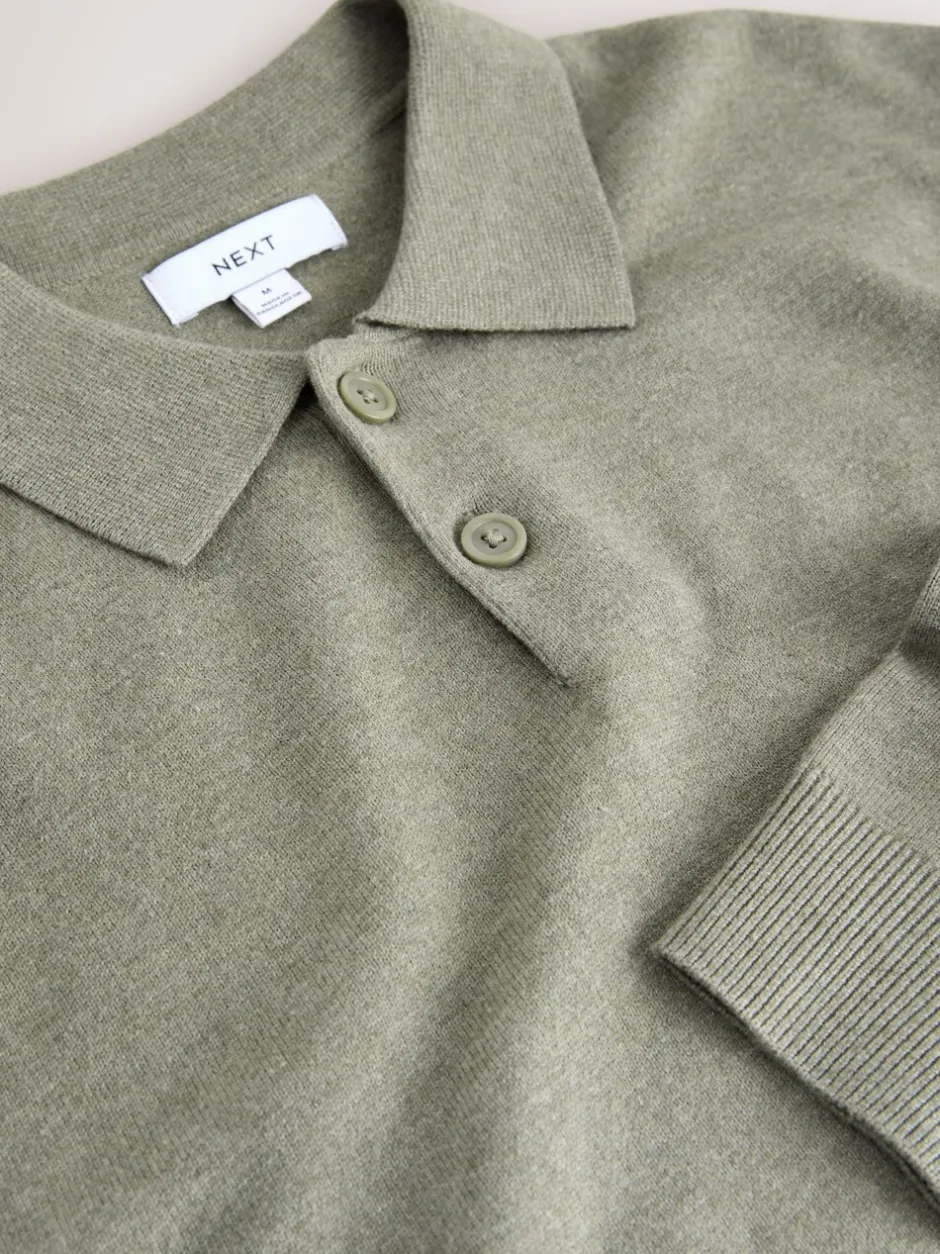 Gebreide Kleding|Poloshirts*Next - Effen - Regular Fit Essential Long Sleeve Knitted Polo Shirt Grijs-groen