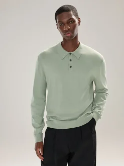 Gebreide Kleding|Poloshirts*Next Grijs-groen - Normale Pasvorm - Katoenrijk gebreid poloshirt met lange mouwen