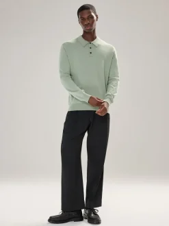 Gebreide Kleding|Poloshirts*Next Grijs-groen - Normale Pasvorm - Katoenrijk gebreid poloshirt met lange mouwen