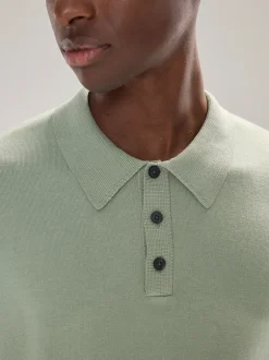 Gebreide Kleding|Poloshirts*Next Grijs-groen - Normale Pasvorm - Katoenrijk gebreid poloshirt met lange mouwen