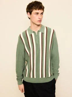 Gebreide Kleding|Poloshirts|Next Grijs-groen - Regular Fit Long Sleeve Stripe Zip Neck Knit Polo Shirt