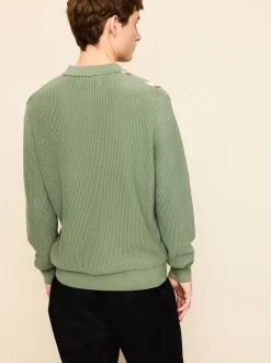 Gebreide Kleding|Poloshirts|Next Grijs-groen - Regular Fit Long Sleeve Stripe Zip Neck Knit Polo Shirt