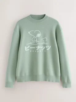 Gebreide Kleding*Next Grijs-groen - Relaxed Fit Snoopy Graphic Print Crew Neck Jumper