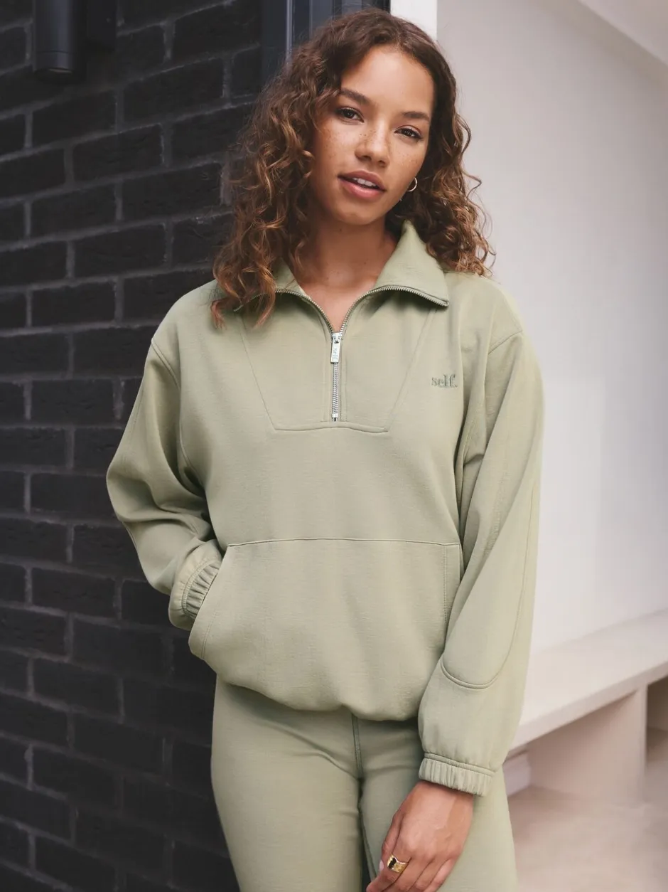 Hoody's En Sweatshirts|self. - Half Zip Modal Sweatshirt Grijs-groen