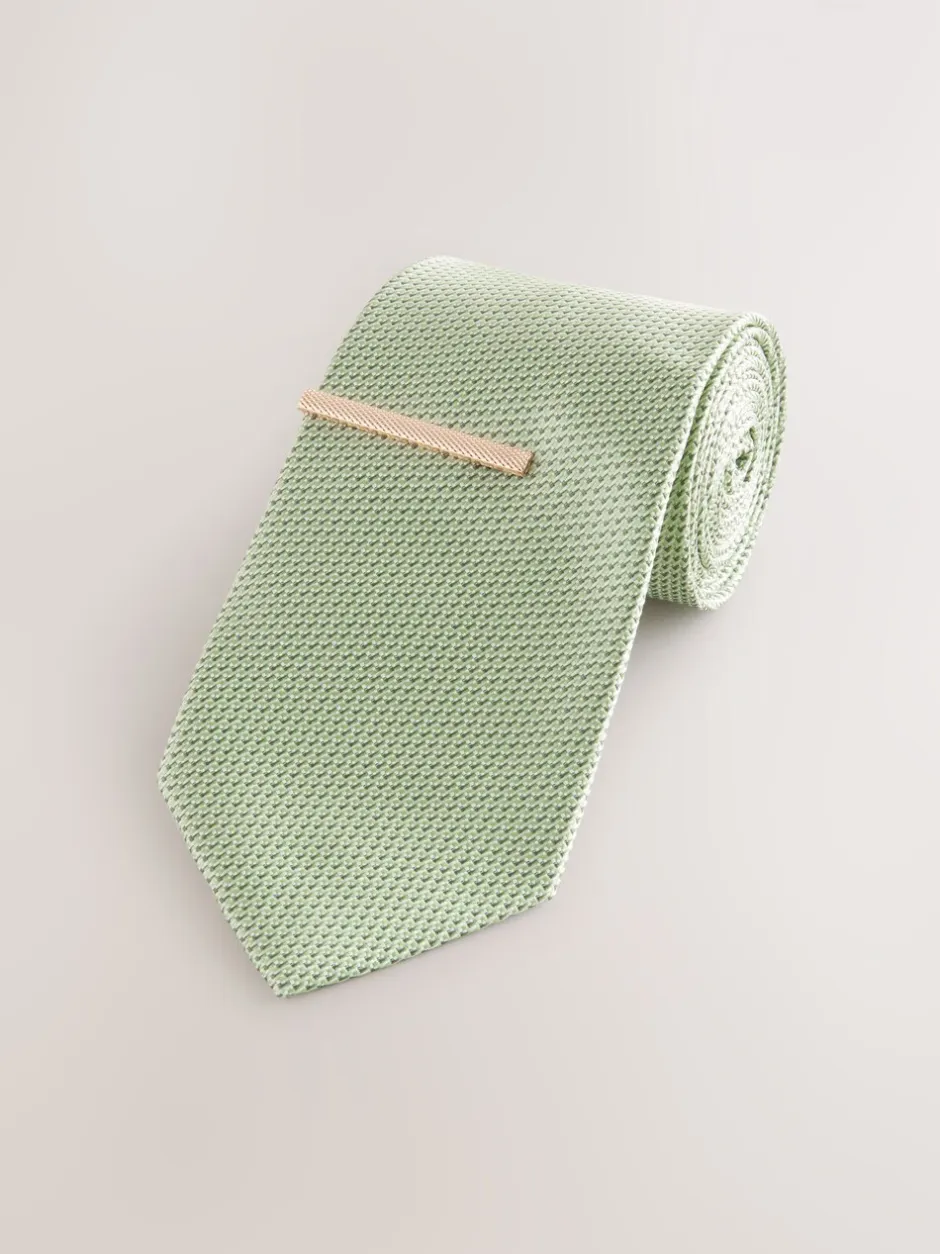 Stropdassen En Pochets|Next Grijs-groen - Stropdas met textuur en dasspeld