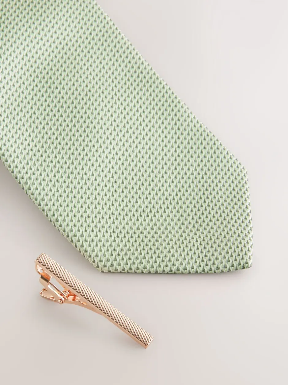 Stropdassen En Pochets|Next Grijs-groen - Stropdas met textuur en dasspeld