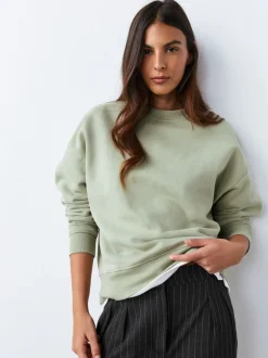 Hoody's En Sweatshirts*Next Grijs-groen - Supersoft Peached Essentials sweatshirt met ronde hals en naaddetail