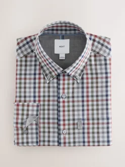 Shirts*Next Grijs/meerkleurig geruit - Eenvoudig te strijken Oxford-overhemd met knopen en standaard pasvorm