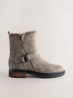 Ruimvallend En Extraruimvallend|Boots|Next - Forever Comfort® Faux Fur Hardware Ankle Boots Grijze textuur