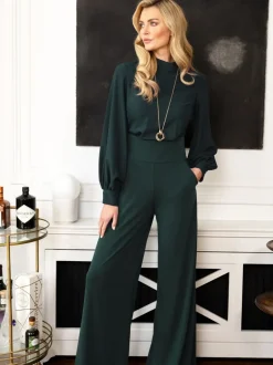 Jumpsuits En Playsuits|Hot Squash - HotSquash jumpsuit met wijde pijpen en blousonmouwen Groen