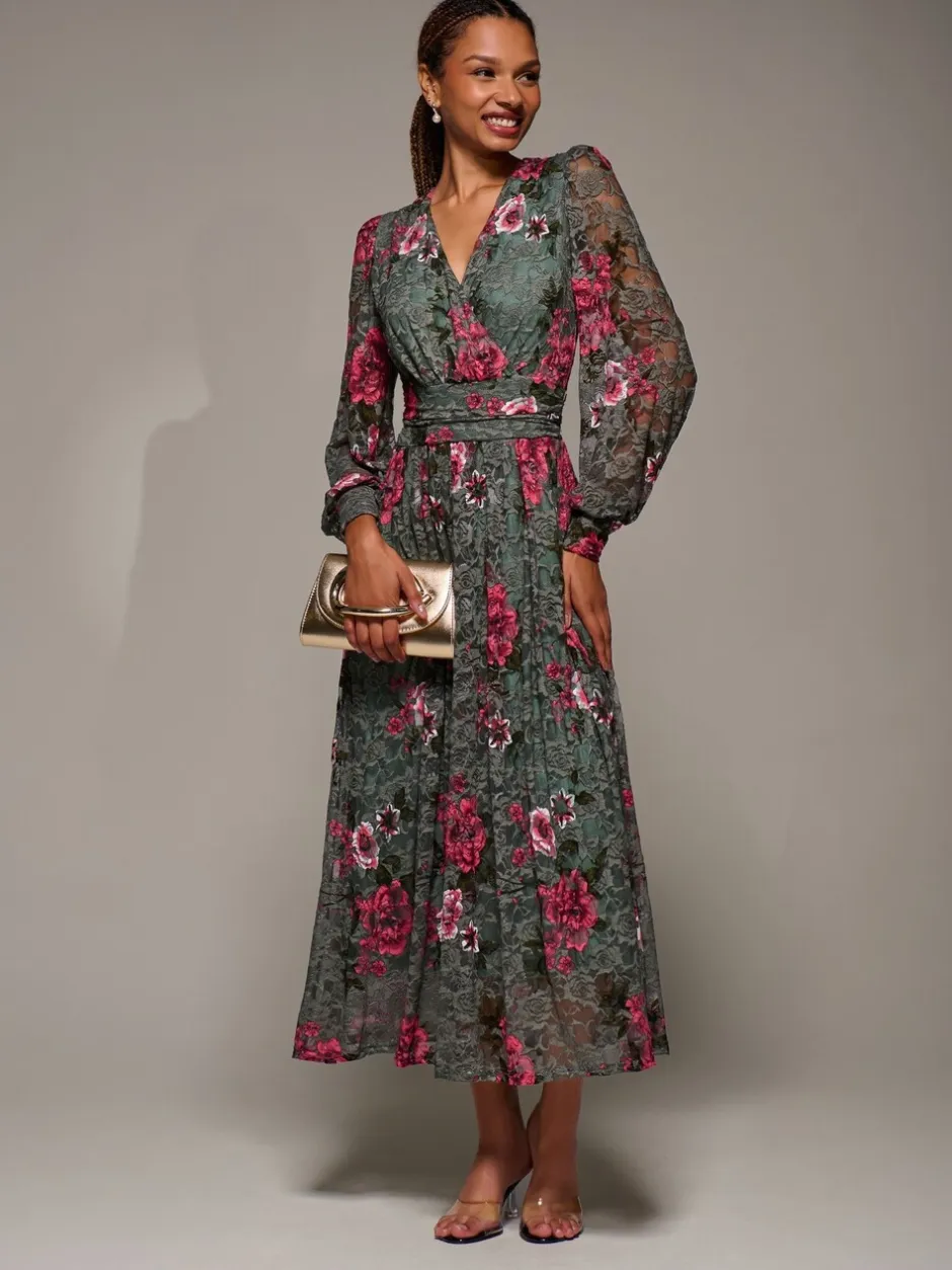 Gelegenheidskleding|Jolie Moi - Long Sleeve Printed Lace Midaxi Dress Groen