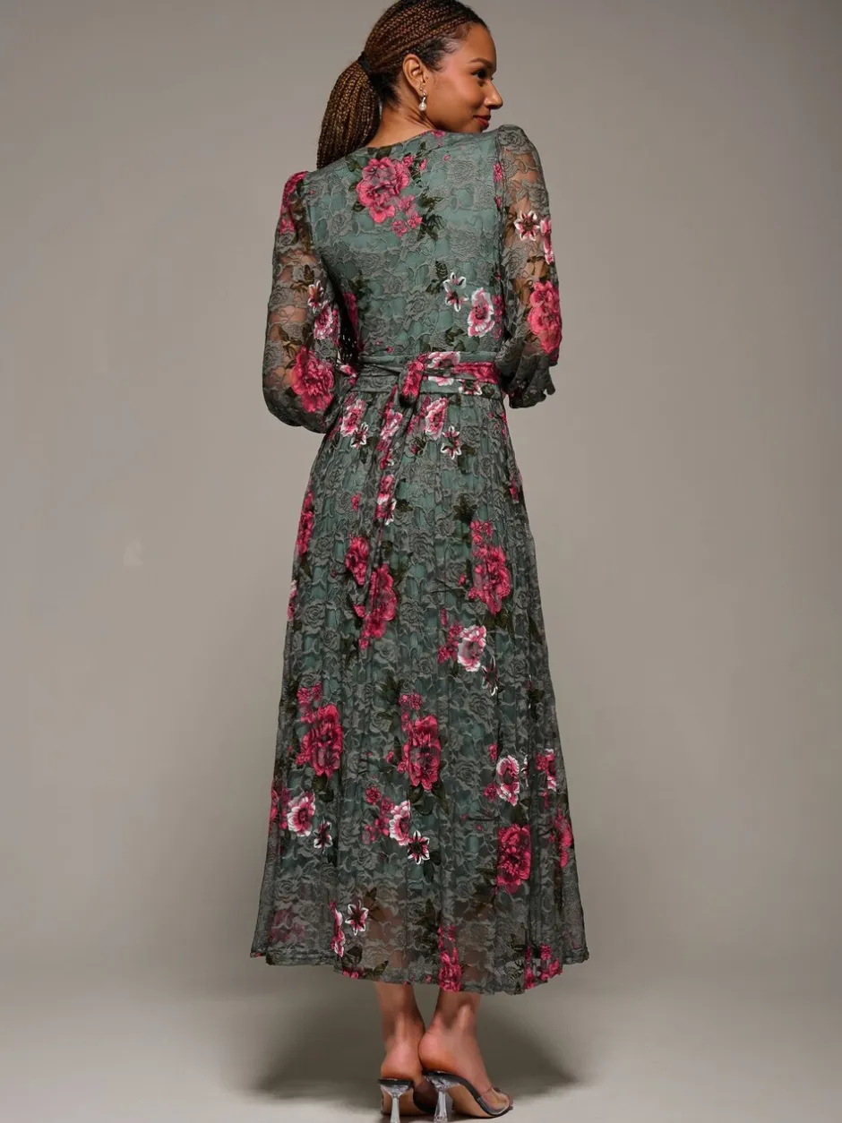 Gelegenheidskleding|Jolie Moi - Long Sleeve Printed Lace Midaxi Dress Groen