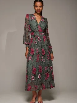 Gelegenheidskleding|Jolie Moi - Long Sleeve Printed Lace Midaxi Dress Groen