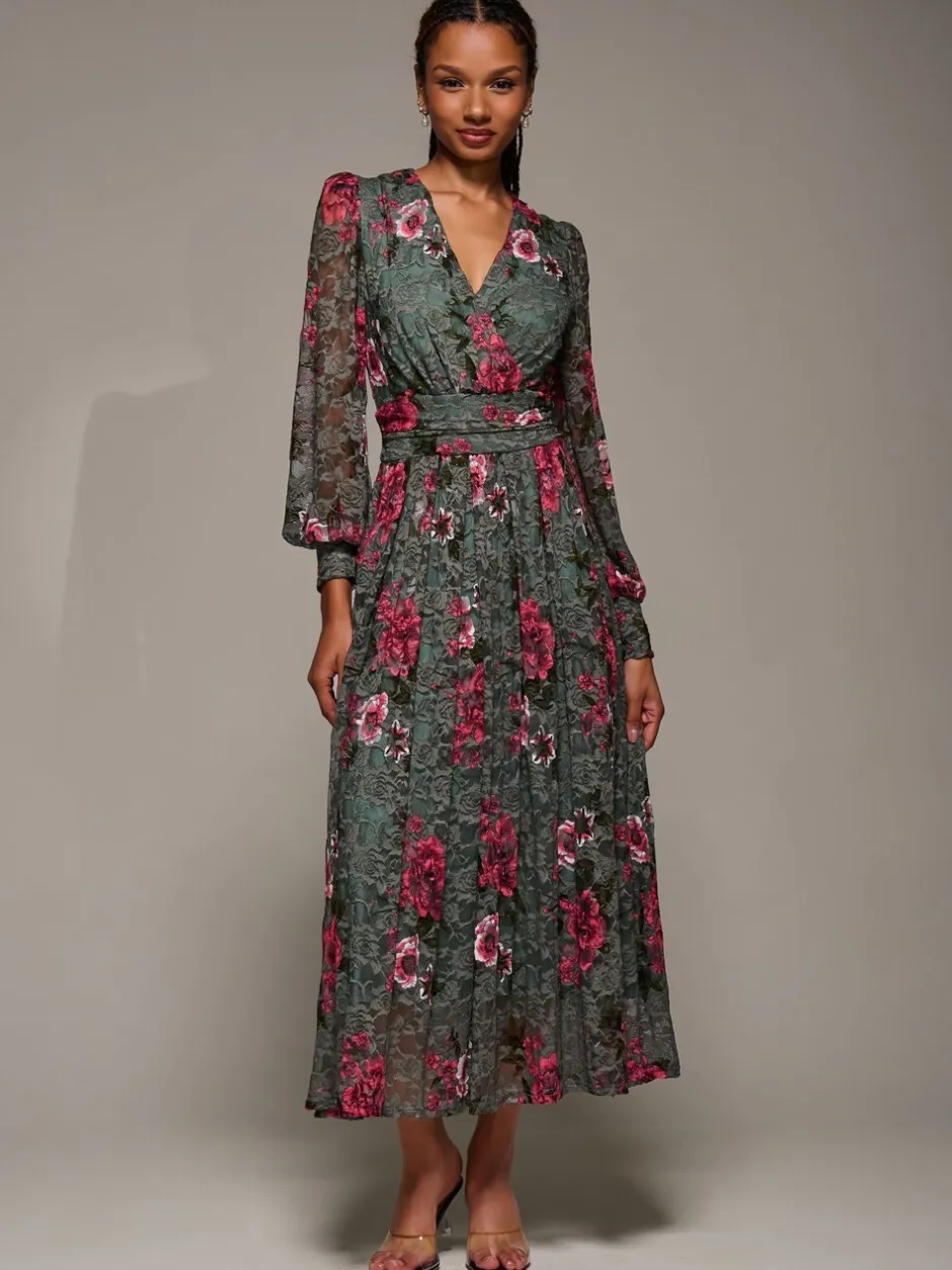 Gelegenheidskleding|Jolie Moi - Long Sleeve Printed Lace Midaxi Dress Groen