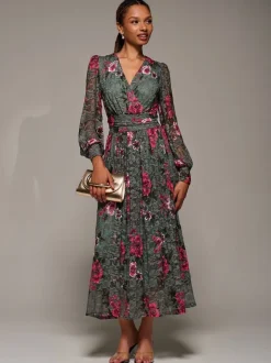 Gelegenheidskleding|Jolie Moi - Long Sleeve Printed Lace Midaxi Dress Groen