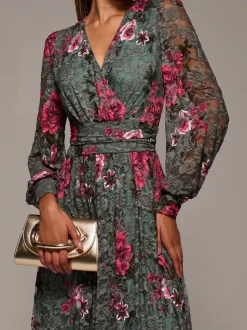 Gelegenheidskleding|Jolie Moi - Long Sleeve Printed Lace Midaxi Dress Groen