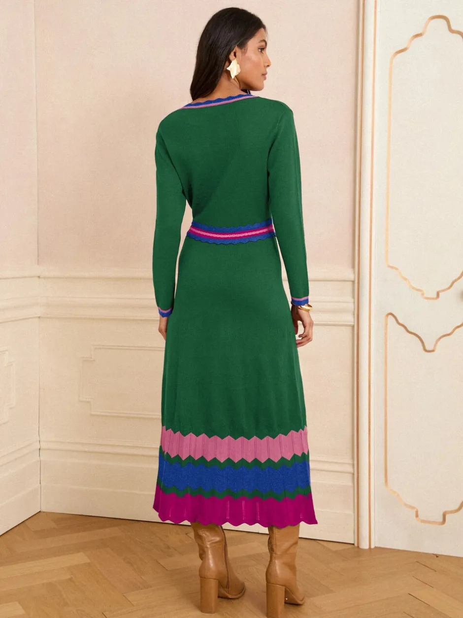 Gebreide Kleding|Jurken*Love & Roses - - Gebreide midi-jurk met halsinkeping Groen