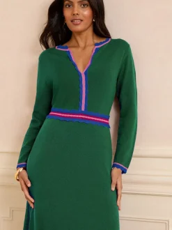 Gebreide Kleding|Jurken*Love & Roses - - Gebreide midi-jurk met halsinkeping Groen