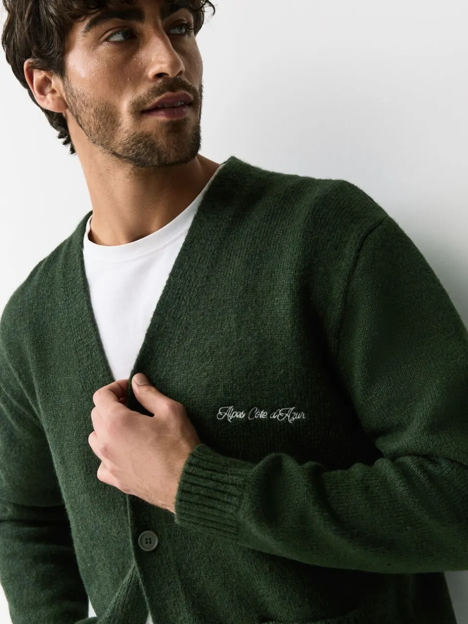 Gebreide Kleding|Next - Regular Fit Embroidered Chest Motif Cardigan Groen
