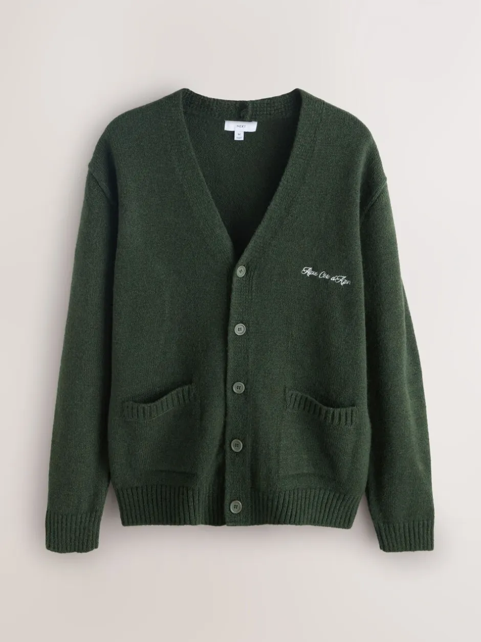Gebreide Kleding|Next - Regular Fit Embroidered Chest Motif Cardigan Groen