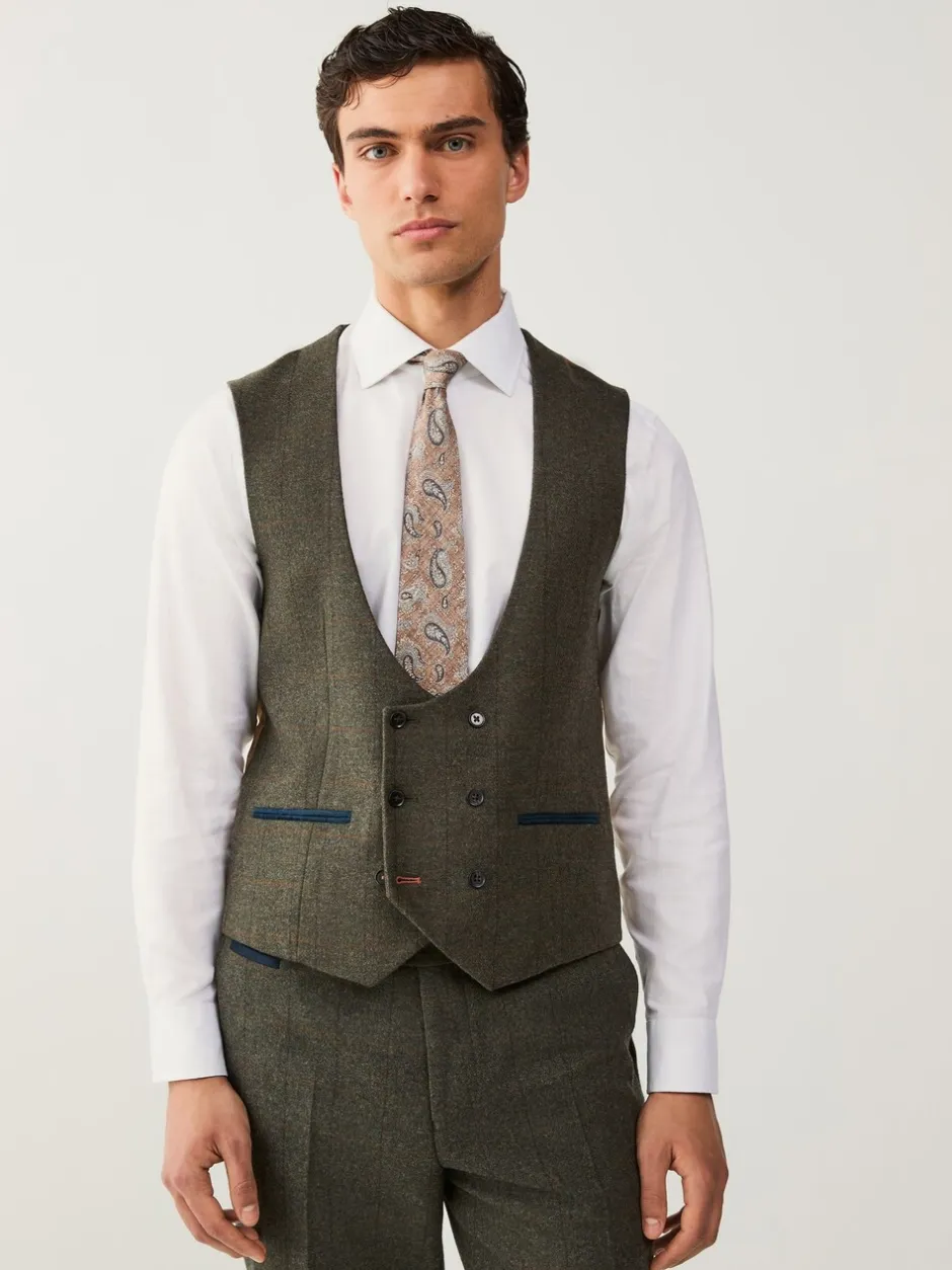 Vesten*Next Groen - Regular Fit Nova Fides Italian Wool Blend Trimmed Check Suit Waistcoat