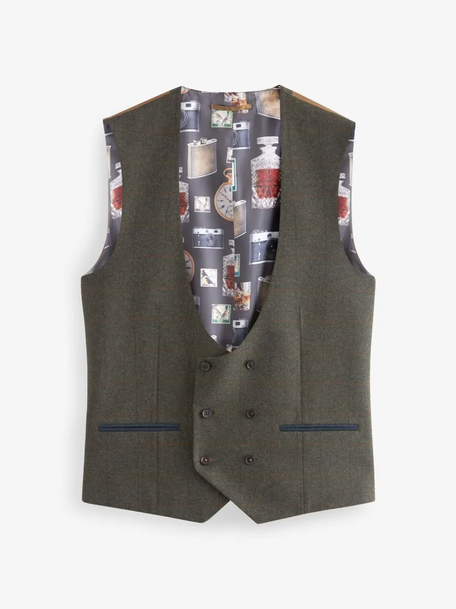 Vesten*Next Groen - Regular Fit Nova Fides Italian Wool Blend Trimmed Check Suit Waistcoat