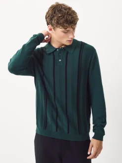 Gebreide Kleding|Poloshirts|Next - Regular-fit poloshirt met lange mouwen, streepdessin en hoog katoengehalte Groen