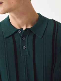 Gebreide Kleding|Poloshirts|Next - Regular-fit poloshirt met lange mouwen, streepdessin en hoog katoengehalte Groen