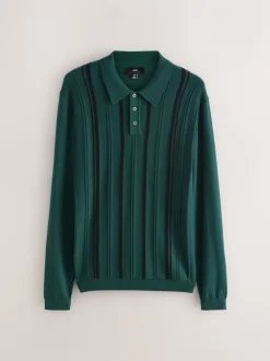 Gebreide Kleding|Poloshirts|Next - Regular-fit poloshirt met lange mouwen, streepdessin en hoog katoengehalte Groen